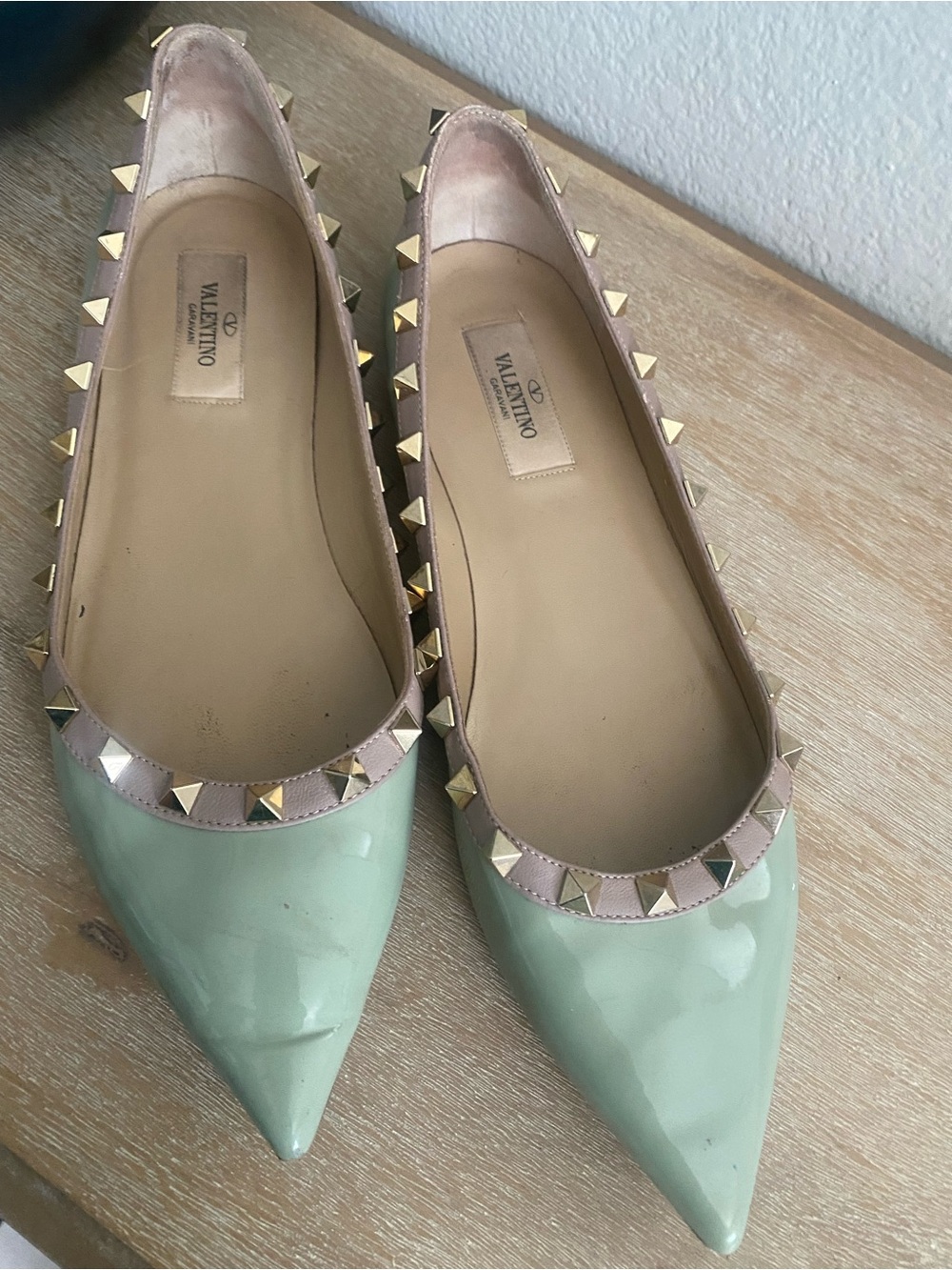Valentino Rockstud Patent Leather Ballet Flats Size 38 (8) Mint Green